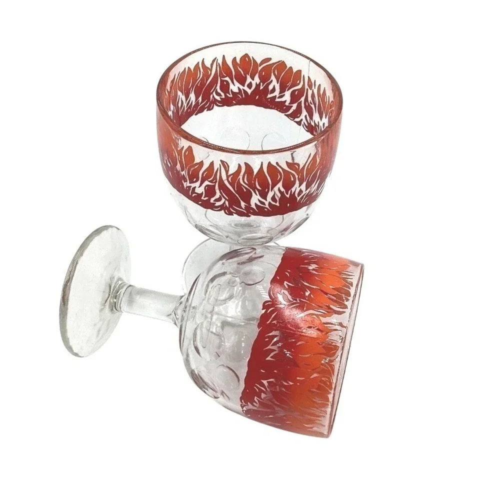 Vintage Thumb Print Flame‎ Design Wine Glasses Set of 2 Clear Red Goblets